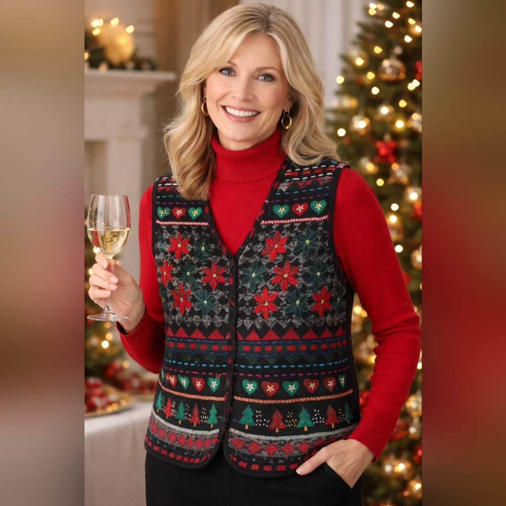 Holiday Jacquard Knit Sweater Vest Button Front‎ Poinsettia Design Embellished